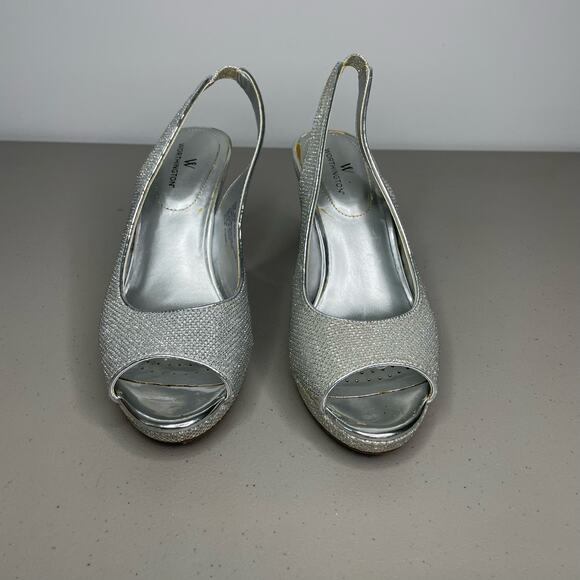 Worthington Pump Heels Slingback Ankle Strap Open Toe‎ Studded Silver Size 6.5 - Picture 3 of 12